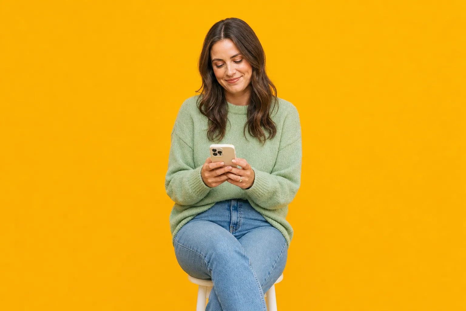 A customer reading her phone
