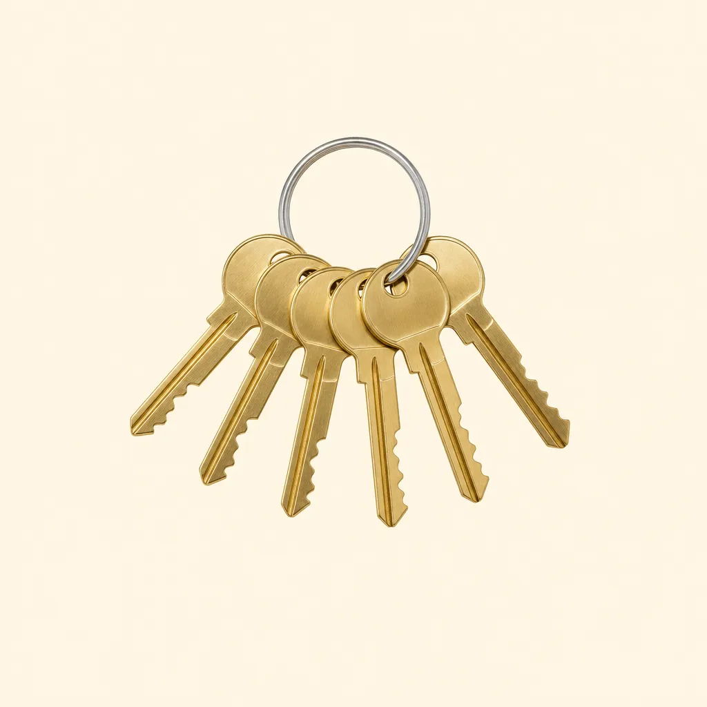 Six brass keys on one ring