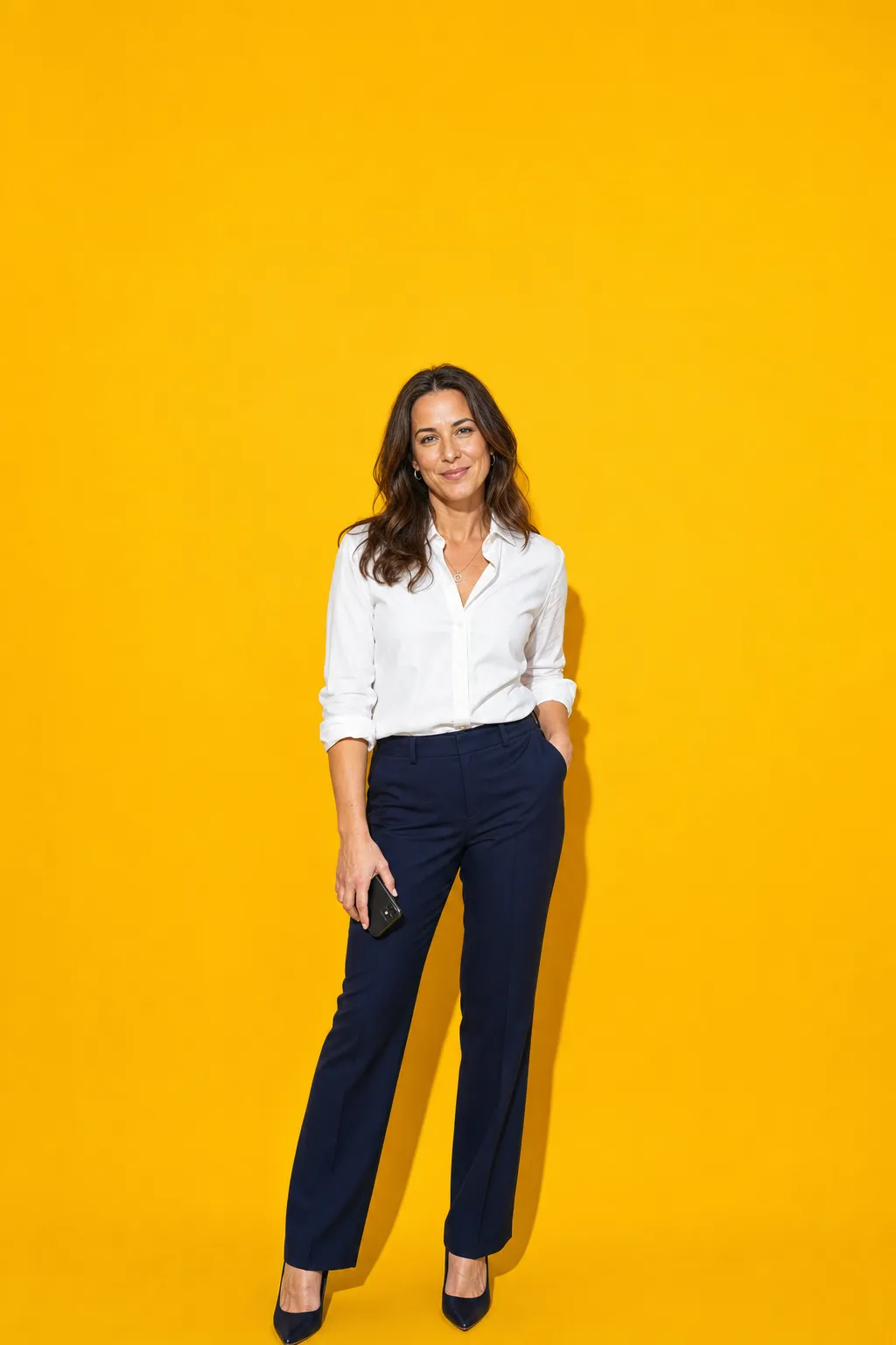 An insurance broker standing against a gold backdrop