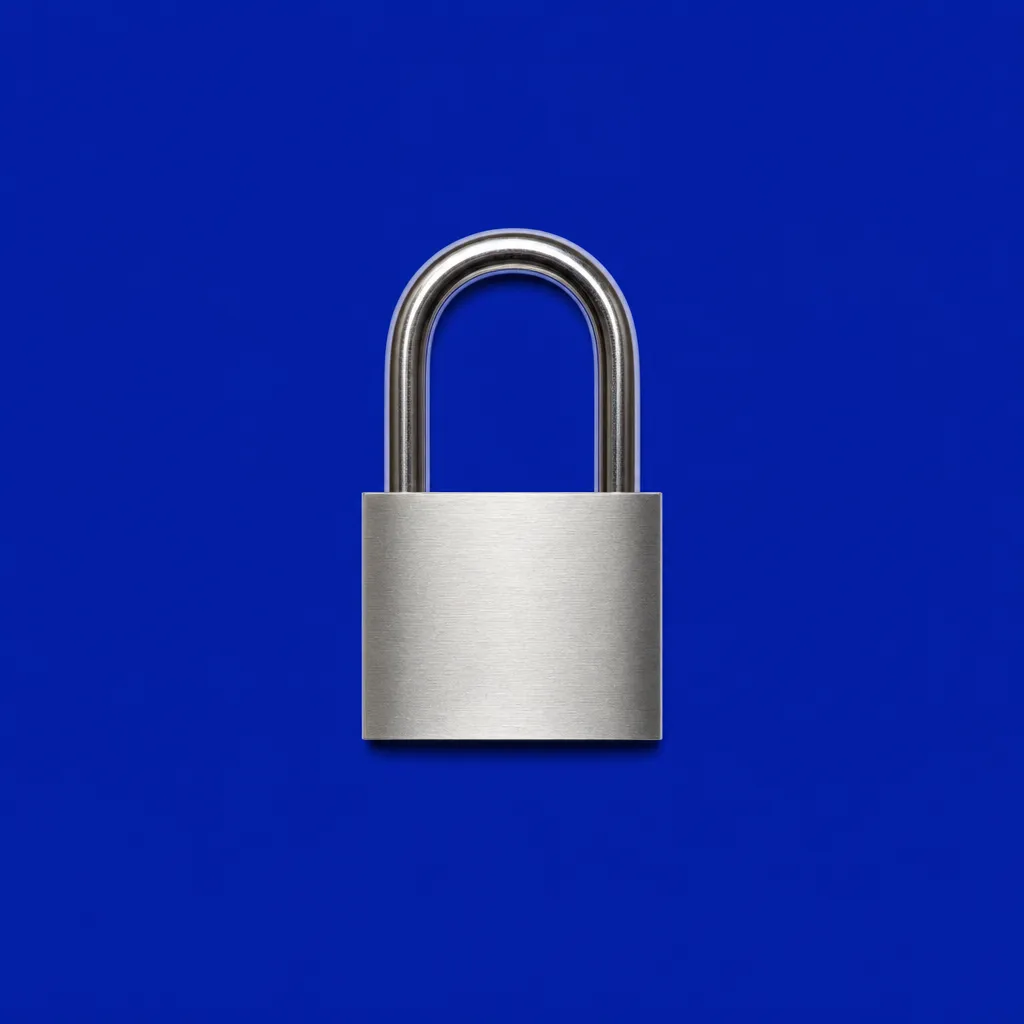 A closed steel padlock on blue