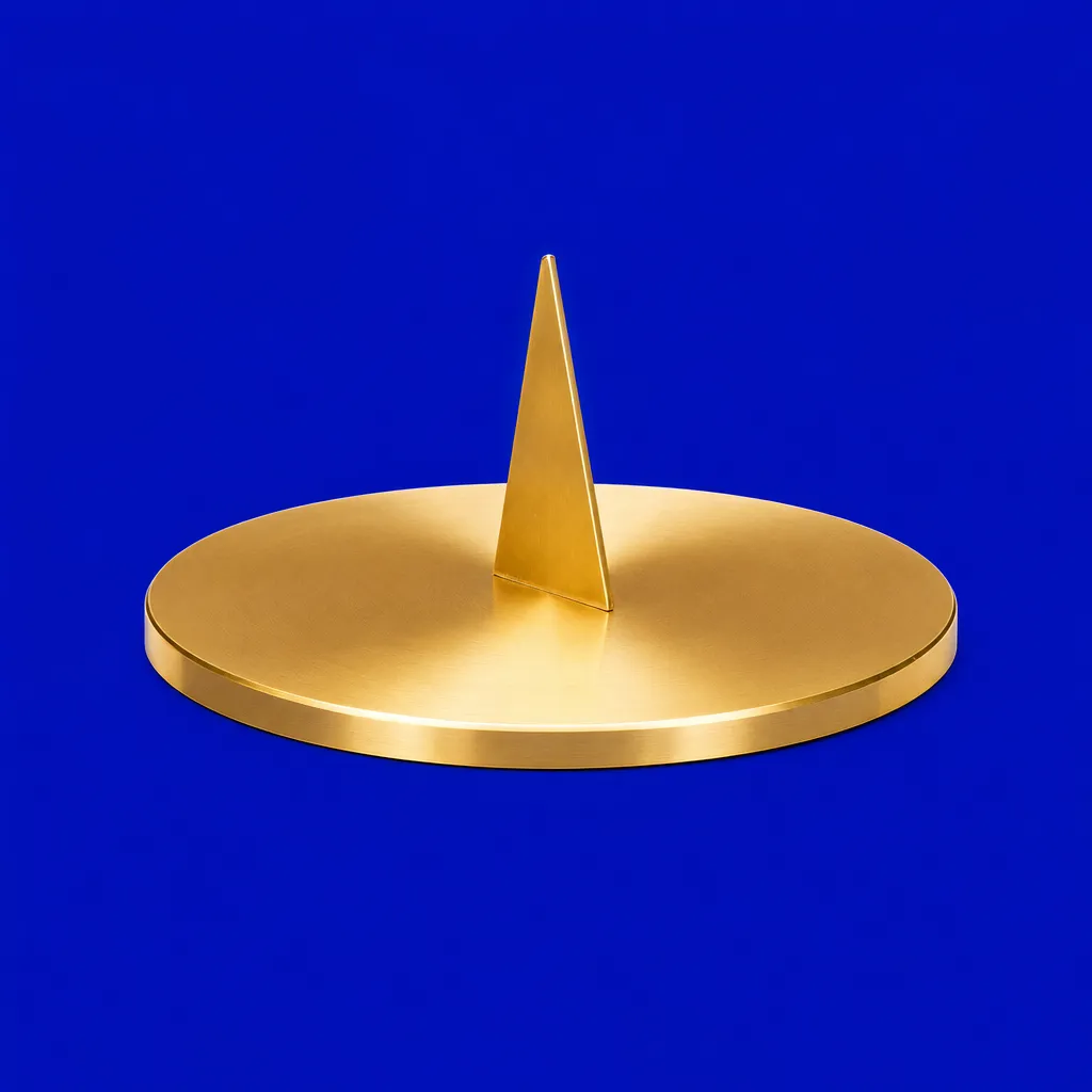 A brass sundial under an overhead light, its gnomon throwing almost no shadow